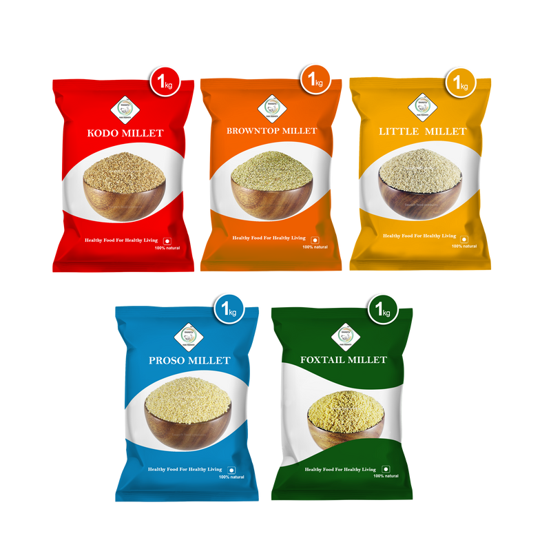 SWASTH Unpolished and Natural Millet Combo Pack of 5 - 1Kg Each (Kodo, Little, Browntop, Foxtail, Proso Millets)